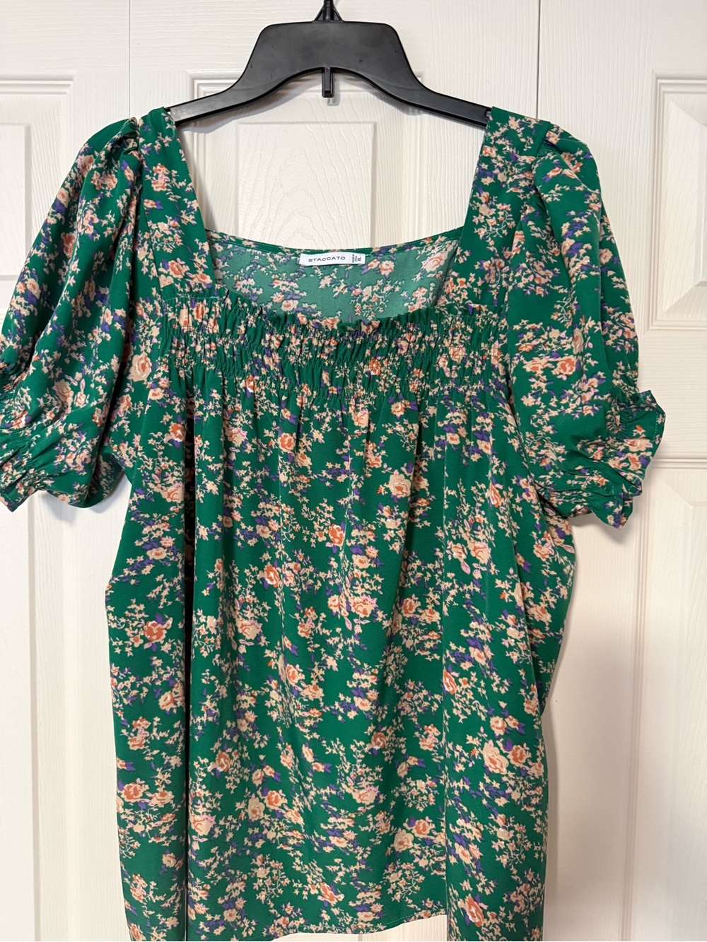 Staccato Emerald Green Floral Puff-Sleeve Smocked Top